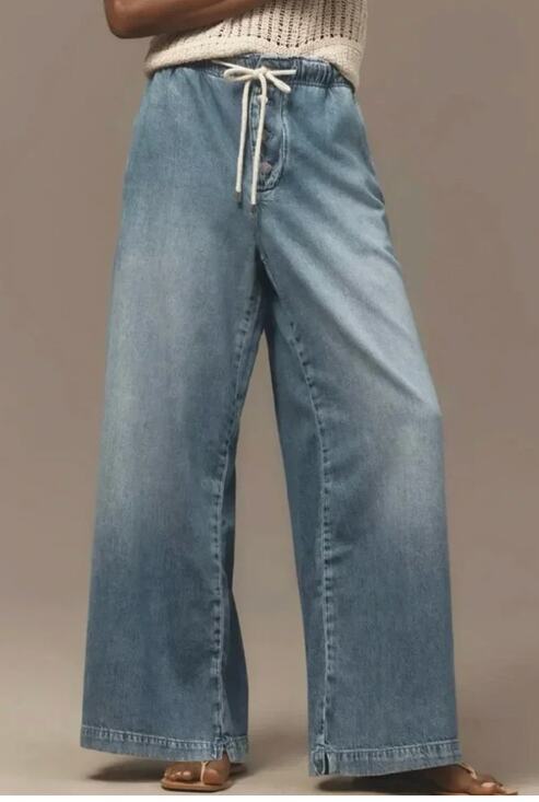Pilcro Denim - Anthropologie Pilcro Drawstring Pull-On Wide Leg Jeans Elastic Waist Women's M